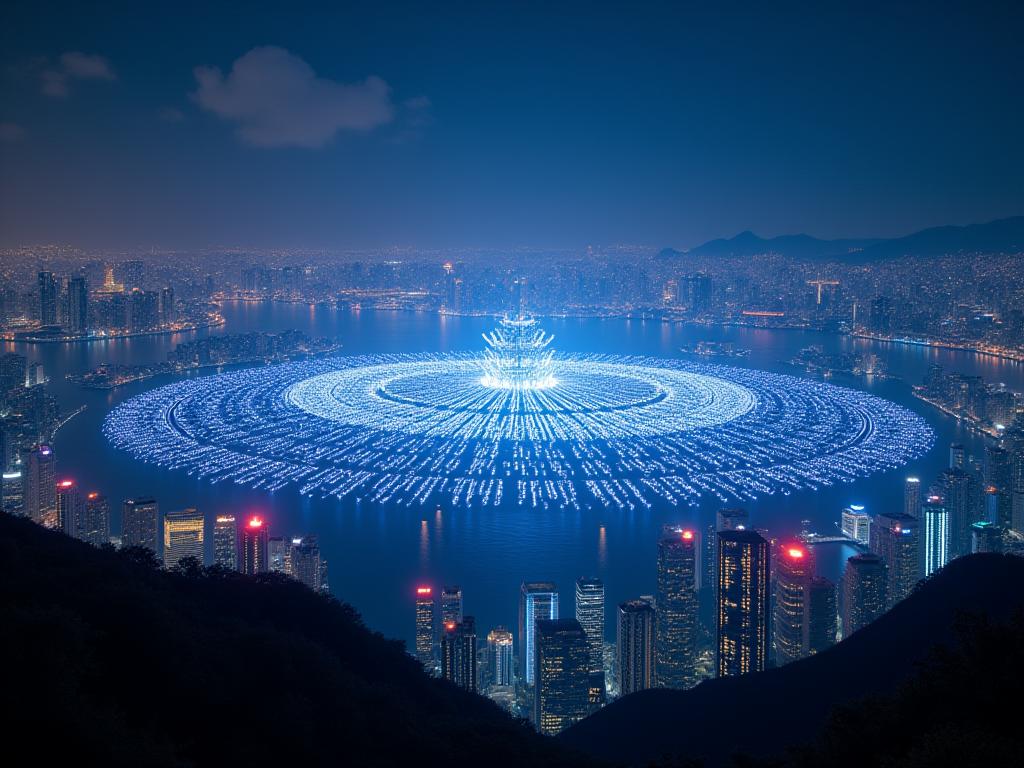 東京湾上空での壮大なドローンライトショー